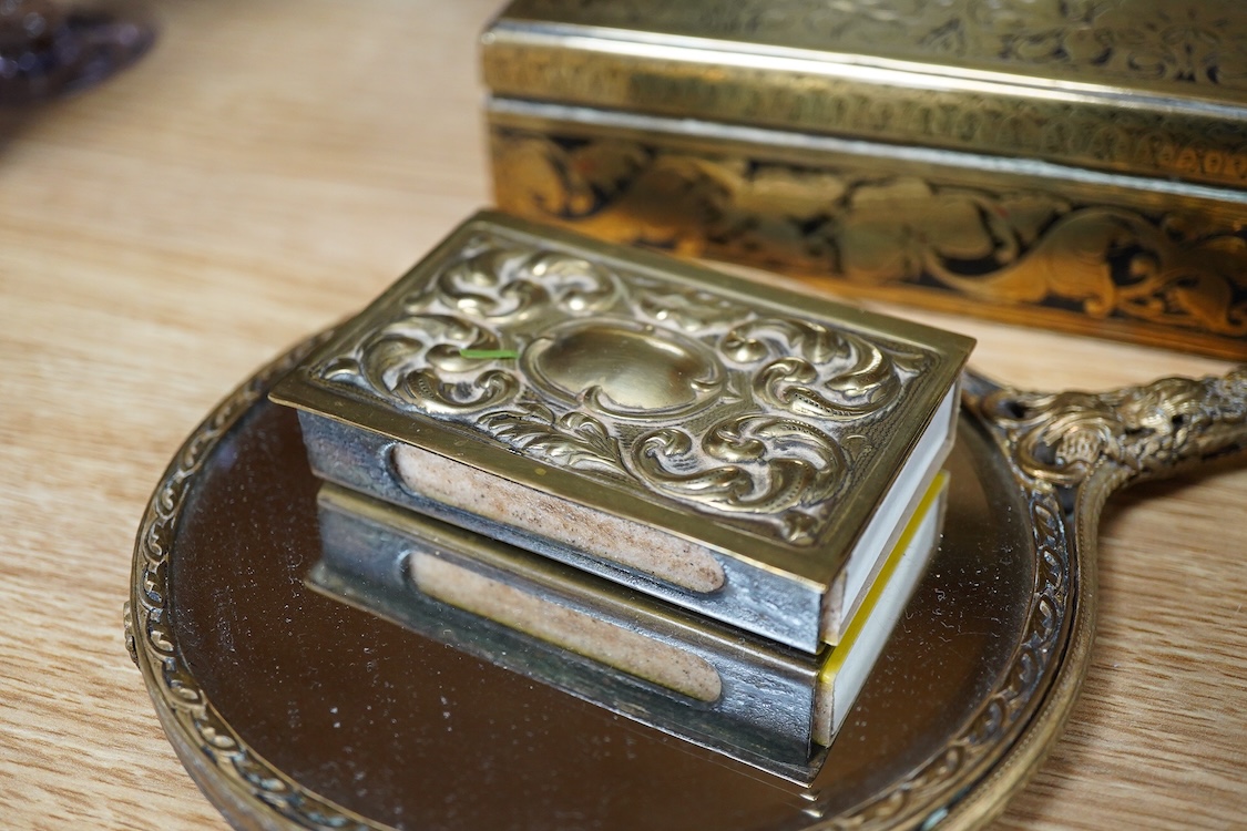 A group of brass and other metalware including an easel, various boxes, mirror etc.(9).
